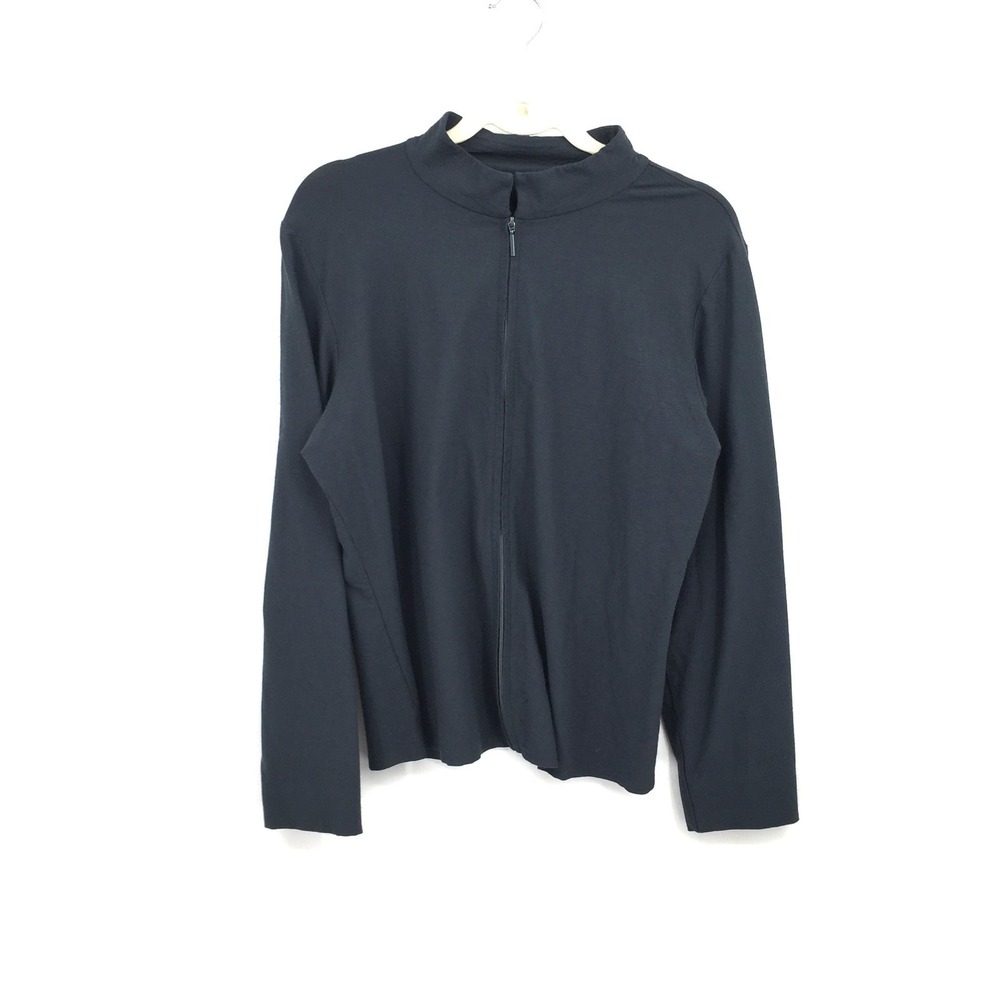 Eileen Fisher Dark Gray Long Sleeve Zip Up shirt stretch classic top  L READ‎
